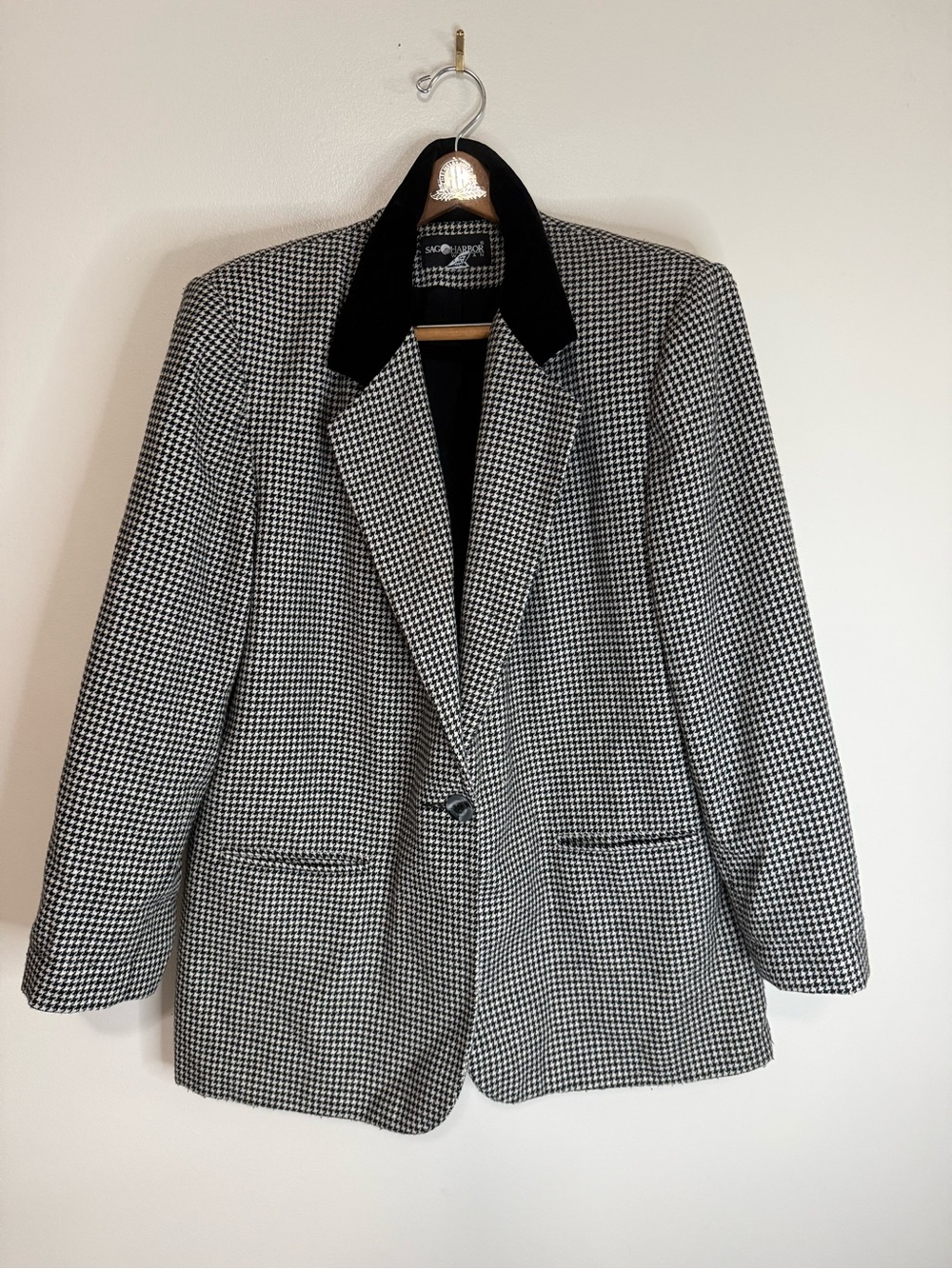 Sag Harbor Vintage Classic Black  White Houndstooth Blazer Velvet Collar size 18